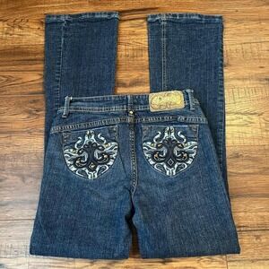 Dereon‎ Beyonce Vintage Y2K Low Rise Blue Flare Jeans Embroidered Beaded Pockets
